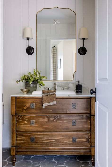 Antique Cottage Bathroom, Wood Paneling Bathroom, Antique Dresser Bathroom Vanity, Hgtv Bathrooms, Panelling Bathroom, Transitional Bathroom Ideas, Modern Transitional Farmhouse, French Cottage Bathroom, Dresser Vanity Bathroom