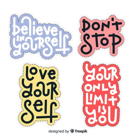 Pack of motivational lettering stickers | Free Vector Lettering Stickers, Positivity Stickers, Sticker Design Inspiration, Free Printable Stickers, Cute Laptop Stickers, Tumblr Stickers, Motivational Sticker, Sell Photos, Scrapbook Stickers Printable