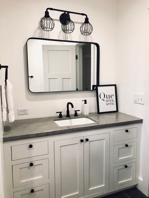 White Bathroom Vanity With Gray Counter, White And Black Bathroom Vanity, White Vanity Gray Countertop, White Vanity With Black Mirror, White Bathroom Vanity With Black Top, White Bathroom Vanity With Black Hardware, Black Vanity Top Bathroom, Grey Counter Bathroom, White Vanity Black Countertop