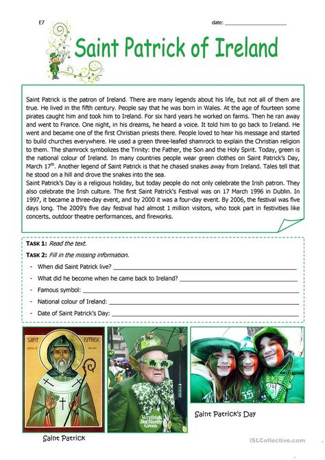 St Patricks Day History, Ireland Facts, Esl Reading, English Ideas, Teaching Esl, Geography For Kids, British Culture, Short Text, Comprehension Exercises