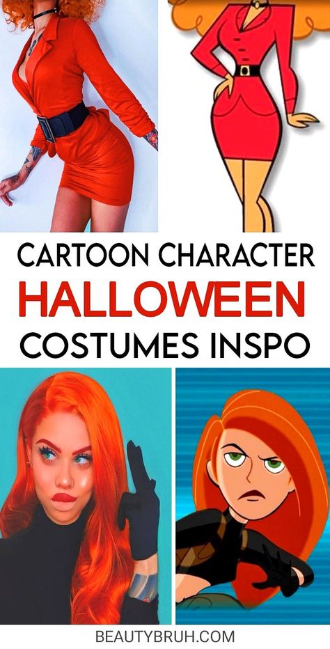 Halloween Costume Inspo based off your favorite cartoon character! #halloween Pepper Ann Costume, Iconic Redheads Halloween, Halloween Costumes Women Cartoon, 90s Costume Ideas Black Woman, Iconic Curly Haired Movie Characters, Best Character Halloween Costumes, Old Cartoon Costumes, 90 Cartoon Characters Costumes, Cute Iconic Halloween Costumes