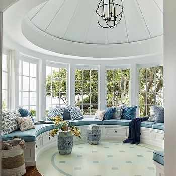 Rotunda Foyer with Built In Bookcases - Transitional - Entrance/foyer - Benjamin Moore White Dove Window Bench Bedroom, Curved Window Seat, Andrew Howard, Built In Window Seat, Bench Bedroom, White Trellis, Window Bench, Blue Chandelier, Blue Ceilings