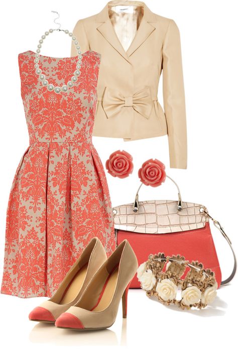 "Color Duo - Coral n' Cream" by stylesbyjoey ❤ liked on Polyvore Stile Casual Chic, Floral Outfit, Church Outfits, Complete Outfits, Work Attire, Polyvore Outfits, Look Fashion, Passion For Fashion, Classy Outfits