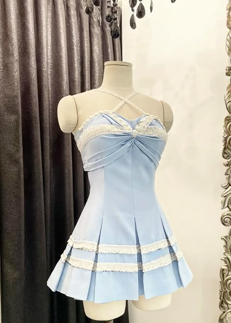 Light Blue Performance Outfit, Stage Outfits Blue, Blue Kpop Outfit, Fab Dress, Cute Short Dresses, Preformance Outfits, Kpop Fashion Outfits, Performance Outfit, Kpop Outfits