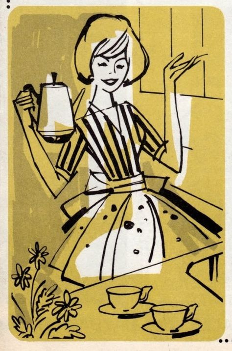 Vintage Housewife, Mid Century Illustration, Retro Images, Mid Century Art, Retro Illustration, Mellow Yellow, Coffee Art, Retro Art, Vintage Graphics