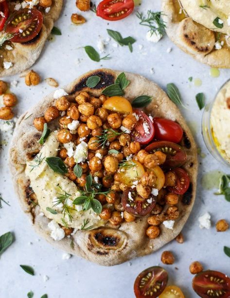 Chickpea Pitas - Crunchy Roasted Chickpea Pitas Chickpea Pita, Meals For Families, Whole Wheat Pita Bread, Roasted Chickpea, Pita Wrap, Pita Sandwiches, High Protein Vegetarian Recipes, Whole Wheat Pita, Crispy Chickpeas