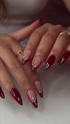 Almond Cherry Mocha Nails, Short Almond Maroon Nails, Almond Nails Designs Dark Red, Almond Maroon Nails, Dark Red Almond Nails Designs, Nola Nails, Red Nails Almond Shape, Dark Red Almond Nails, Almond Shaped Nails Designs