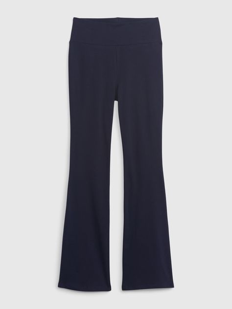 Made with 96% organically grown cotton.  Organic cotton is better for people and the environment because it's grown without the use of harmful synthetic pesticides and fertilizers.  Soft, stretch knit flare leggings.  Elasticized waist.  Certain styles have allover prints.  Easy, pull-on waist.  Slim through the hip and thigh.  Flares at the ankle. Navy Blue Flare Leggings, Hiking Outfit Leggings, Boot Leggings, Cute Hiking Outfit, Cute Outfits With Leggings, Navy Uniforms, Flare Legging, Virtual Wardrobe, Navy Leggings