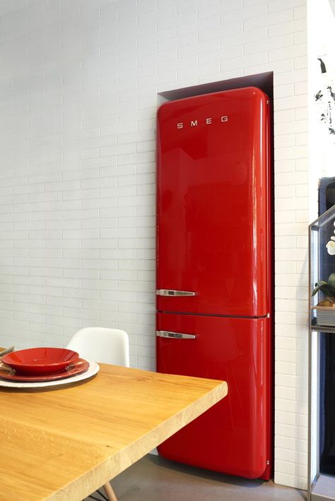 Hygee Home, Red Fridge, Red Refrigerator, Smeg Refrigerator, Smeg Fridge, Vegetable Drawer, Retro Fridge, Bottom Freezer Refrigerator, Bottom Freezer