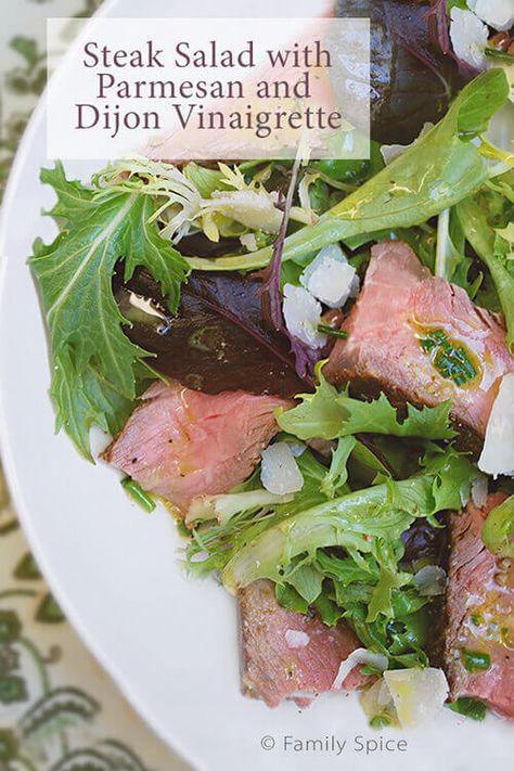 Steak Salad with Parmesan and Dijon Vinaigrette by FamilySpice.com Cabin Dinners, Steak And Arugula, Crockpot Meal Ideas, Protein Salads, On The Go Lunch, High Protein Salads, Beet And Goat Cheese, Leftover Steak, Steak Rubs