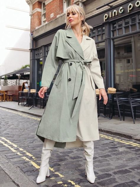 Drop Shoulder Belted Colorblock Trench Coat | SHEIN USA Trench Coat Pattern, Summer Trench Coat, Modest Outfits Muslim, Outfits Muslim, Raincoat Outfit, Fashion Travel Outfit, Trench Coat Outfit, Trench Coat Style, Style Korea