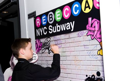 NYC Party Theme Sign-in Board, New York Subway Graffiti Wall {Bat Mitzvah Planner: Perfect Party Orlando, Jennifer Werneth Photography} - mazelmoments.com Subway Graffiti, New York Theme Party, Graffiti Party, Nyc Party, New York Party, New York Theme, Mitzvah Themes, Bat Mitzvah Party, Dance Themes