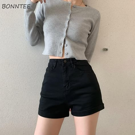 Smarter Shopping, Better Living! Aliexpress.com Black Shorts Outfit, Egirl Clothes, Outfit Korean, Harajuku Outfits, Fashion Elegant, Simple Fashion, Shorts Women, High Waisted Shorts Denim, Fashion Korean