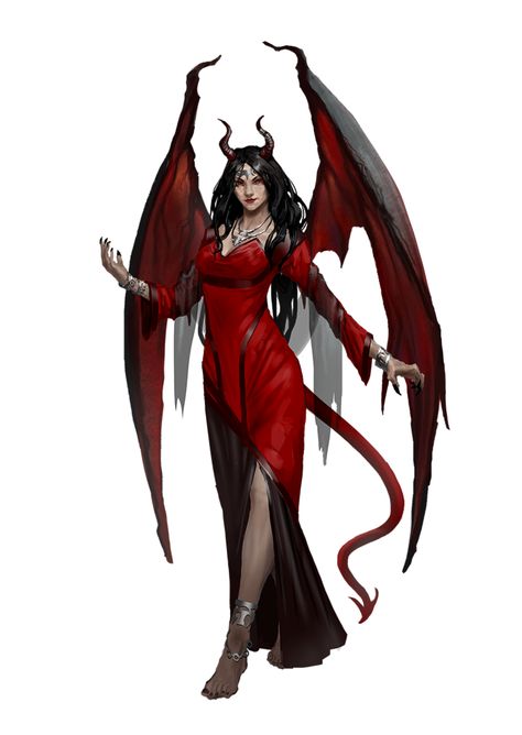 Succubus Demon - Red Dress - Pathfinder 2E PFRPG DND D&D 3.5 5E 5th ed d20 fantasy Tiefling Female, Creature Fantasy, Female Demons, Fantasy Demon, Demon Girl, Demon Art, Dungeons And Dragons Characters, Dnd Art, Fantasy Monster