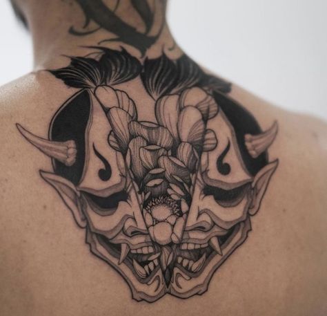 Japanese Masks Tattoos, Hanya Mask Tattoo, Japanese Skull, Mask Tattoos, Japanese Mask Tattoo, Collar Tattoo, Oni Mask Tattoo, Terrible Tattoos, Mangas Tattoo