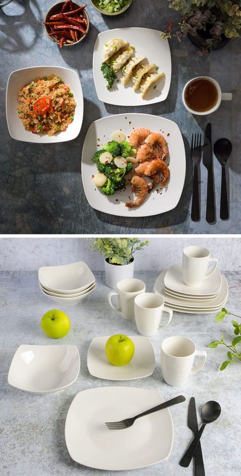 CLASSIC DESIGN: a classic white square shape dinnerware set with everyday elegance. WHAT’S IN THE BOX: Service for 4 that includes 4 of each of the following: 9. 5” Dinner Plates, 7. 25” Dessert Plates, 7” Bowls, 12 OZ Mugs. Square Dinner Plates, China Dinnerware Sets, Bone China Dinnerware, Ceramic Dinnerware, Porcelain Dinnerware, White Square, Dessert Plates, Dinnerware Set, Dessert Plate