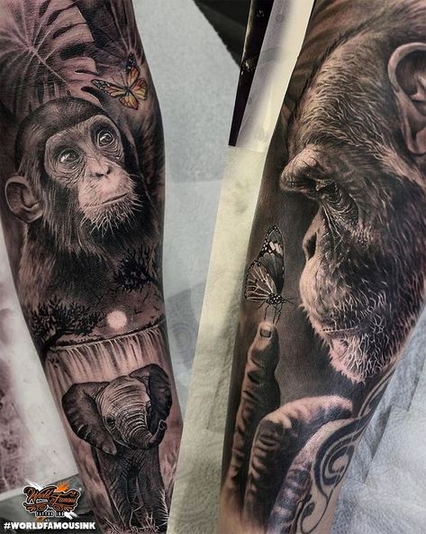 African Sleeve Tattoo, World Famous Tattoo, Monkey Tattoo, Black Monkey, Africa Tattoos, Animal Sleeve Tattoo, Gorilla Tattoo, World Famous Tattoo Ink, Tattoos Infinity