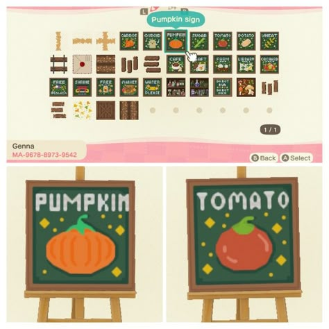 Farm Signs Acnh, Animal Crossing Veggie Sign, Acnh Pumpkin Sign, Animal Crossing Market Sign, Acnh Sign Design Code Vegetable, Garden Signs Acnh, Acnh Veggie Sign, Acnh Produce Sign, Animal Crossing Vegetable Sign