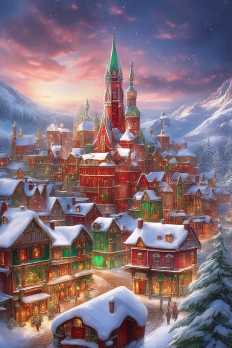 Fantasy Christmas Art, Christmas Kingdom, Fantasy Christmas, Xmas Village, City Christmas, Christmas Houses, Christmas Town, Married Christmas, Holiday Wallpaper