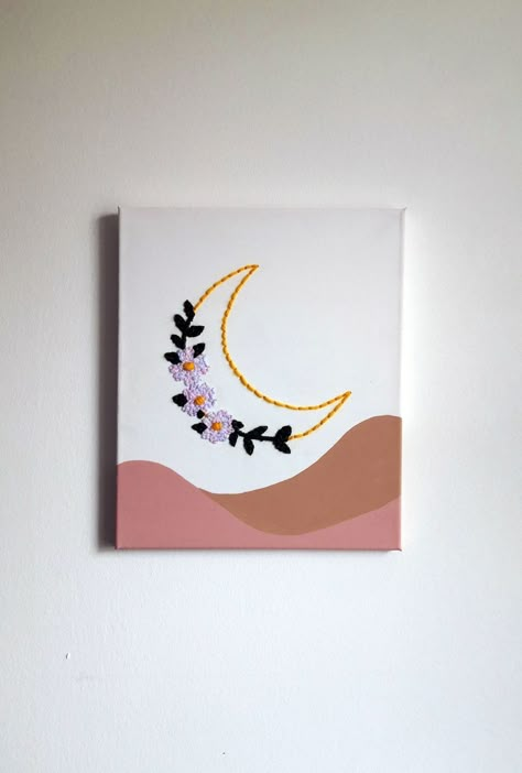 Moon Embroidery, Embroidered Canvas Art, Embroidery Canvas, Embroidery Boho, Simple Canvas Paintings, Cute Canvas Paintings, Easy Canvas Art, Soyut Sanat Tabloları, Canvas Painting Designs