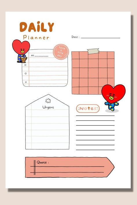 BT21 Daily TATA Planner | BTS Daily Planner | A4 |Instant Download | Printable | Visit my Etsy mi... shiningmomplanners #2024digitalplanner💎. Tata Journal, Bt21 Study Planner, Bt21 Planner, Kpop Planner, Pink Monthly Planner, Aesthetic Daily Planner, Daily Planner Ideas, Pink Daily Planner, Daily Planner Templates