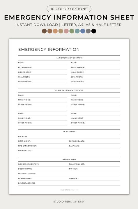 Emergency Information Sheet, Emergency Binder, Emergency Prepardness, Doctor Names, Water Valves, Emergency Contact, Home Management, Medical Information, First Aid Kit