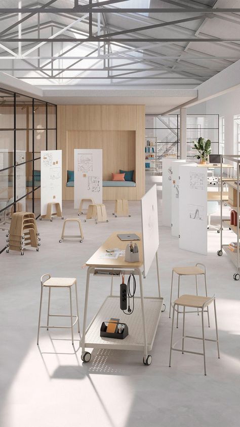 Cool Office Space Design Interiors, Cool Office Design Workspaces, Workshop Office Design, Studio Workspace Design, Design Studio Workspace Creative, Creative Office Space Design, Artist Coworking Space, Activity Based Workplace, Art Coworking Space