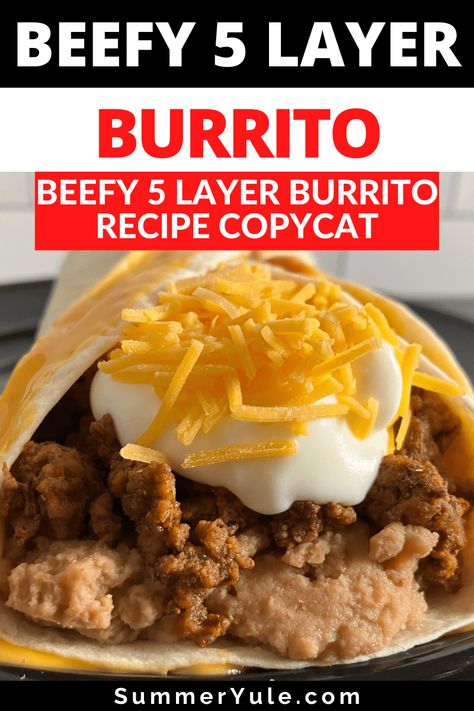 This beefy 5 layer burrito recipe is a copycat of the fast food favorite from the Taco Bell menu. Learn to make a beefy five layer burrito Taco Bell copycat at home, and get calories, nutrition, price info and more. The original Taco Bell 5 layer burrito is so good, but the homemade version is even more delicious. Try this copycat Taco Bell burrito for yourself and see why! 5 Layer Burrito Taco Bells, 5 Layer Burrito Recipe, Beefy 5 Layer Burrito, 5 Layer Burrito, Taco Bell Burrito, Taco Bell Menu, Taco Bell Breakfast, Taco Bell Copycat, Recipe Copycat