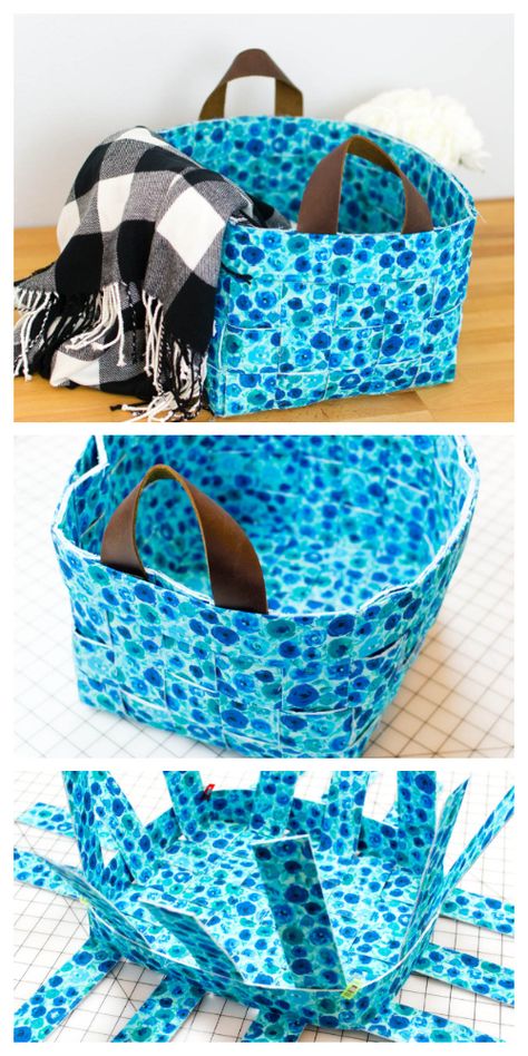 Fun Woven Basket Free Sewing Pattern | Fabric Art DIY Diy Woven Basket, Free Sewing Patterns For Beginners, Sewing Patterns For Beginners, Sewing Projects Free, Fabric Sewing Patterns, Basket Organizer, Free Sewing Patterns, Fabric Basket, Sewing Tutorials Free