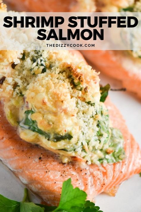 Shrimp Stuffed Salmon Shrimp Stuffed Salmon, Dizzy Cook, Shrimp Stuffed, Stuffed Salmon, Creamy Shrimp, Dairy Free Cream Cheese, Salmon And Shrimp, Spicy Salmon, Creamy Garlic