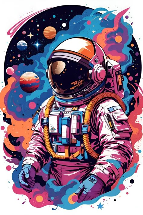 An Astronaut in the colourful space surrounded by the planets and space dust Space Man Art, Spaceman Art, Bushido Tattoo, Astronaut Artwork, Astronaut Illustration, Outer Space Art, Moon Planet, Space Drawings, Astronaut Wallpaper