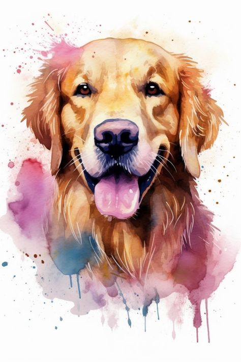 Golden Retriever Animated, Golden Retriever Watercolor, Golden Retriever Painting, Watercolor Painting Easy, Dog Watercolor Painting, Animal Paintings Acrylic, Golden Retriever Art, Dog Portraits Painting, Animal Tattoo Ideas