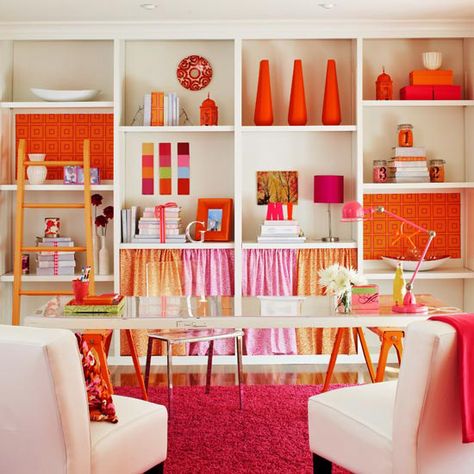 Great craft room Orange Office, Orange Color Combinations, Warm Color Schemes, Bright Decor, Orange Home Decor, Orange Decor, Orange House, Warm Colour Palette, Colorful Accessories