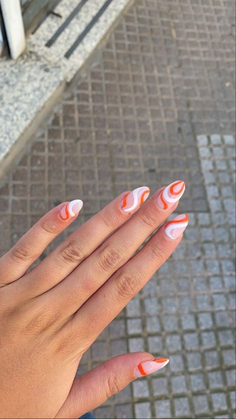 White And Orange Swirl Nails, Orange Swirl Acrylic Nails, White With Orange Nails, Spain Nails Ideas, White And Orange Nails Acrylic, White Swirl Acrylic Nails, Spain Inspired Nails, White Orange Nails, Nails Orange And White