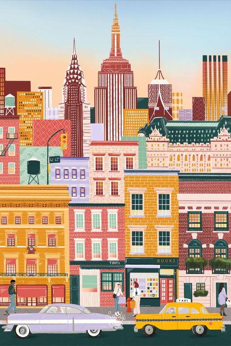 This vibrant art piece created by Simply, Katy features some of New York's most iconic landmarks such as the Empire State Building, Chrysler Building and ofcourse a yellow taxi. Shop this print using the link below! New York Travel Poster, New York Illustration, New York Landmarks, Funny Laptop Stickers, Wall Decor Retro, Nyc Print, City Skyline Art, New York Print, Yellow Taxi