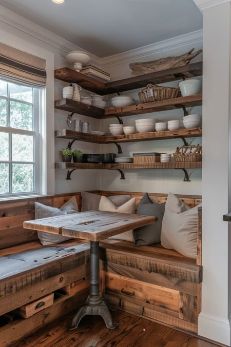 Rustic farmhouse kitchen breakfast nooks for a perfect coffee on a lazy Sunday. Farmhouse Breakfast Nook, Farmhouse Breakfast, Kitchen Booth, Rustic Tiny House, Banquette Seating In Kitchen, Rustic Basement, Kitchen Breakfast Nooks, Breakfast Nooks, Backyard Buildings