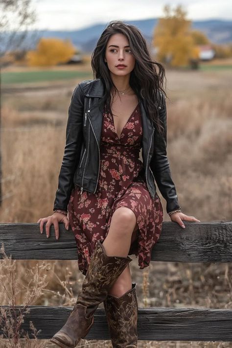 40+ On-Trend Tall Cowboy Boots Outfits for Fall Fashionistas - From The Guest Room Rustic Outfit For Women Casual, Cowboy Chic Outfit, Dressy Cowgirl Style Outfits, Cowboy Boots With Dress, Fall Cowboy Boots, Casual Cowboy Boots Outfit, Dress With Western Boots, Black Dress With Tights, Cowboy Boots Outfit Fall