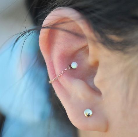 Ryan Dreyfuss | Body Piercer on Instagram: “Chain Gang! 🌟 Healed Conch piercing upgraded to a claw-set “fauxpal” from @peoples_jewelry and a Rose Gold Chain from @jewelrythisway” High Conch Piercing, Chain Gang, Cool Ear Piercings, Sun Tattoos, Conch Piercing, Rose Gold Chain, Ear Piercing, A Rose, Conch