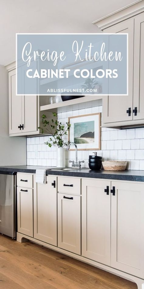 Considering a kitchen remodel? Explore the beauty of greige kitchen cabinet colors and discover their ability to transform your space. This versatile hue pairs beautifully with both warm and cool tones, making it easy to create a cohesive and inviting atmosphere. Add pops of color with accessories or let the greige cabinets shine as the star of the show. #kitcheninspiration #renovation #neutralpalette Natural Creme Benjamin Moore Cabinets, Greige Cabinets Dark Countertops, Egg Shell Cabinets Kitchen, Milk Paint Cabinets Kitchens, Eggshell White Kitchen Cabinets, Sherwin Williams Perfect Greige Cabinets, Kitchen Color With White Cabinets, What Color Cabinets Go With Grey Walls, Greige Paint Colors Kitchen