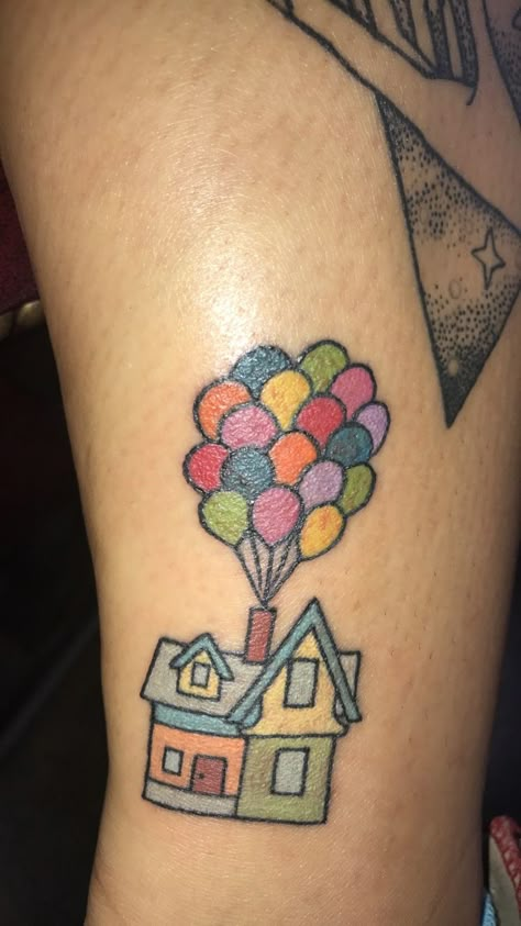 Up house tattoo #disneytattoo Up House Tattoo Disney, Up Tattoo Disney Couple, Pixar Up Tattoo, Up House Tattoo, Up Tattoo Disney, Up Movie Tattoo, House Tattoo Simple, Pixar Tattoo, Disney Bingo