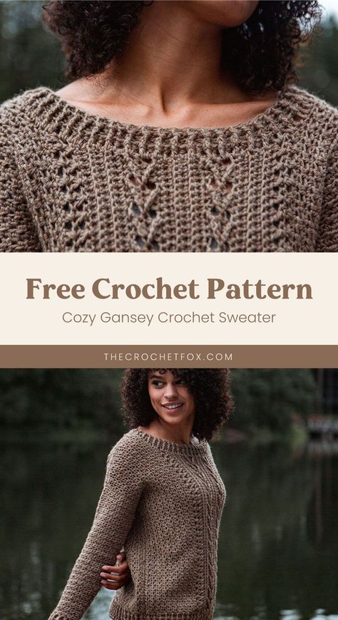 Stay warm and stylish this fall and winter season by making this cozy textured knit sweater. This easy crochet pattern features a variety of stitches and is worked sideways, back and front separately. This stunning piece makes for a heartfelt handmade DIY gift for friends and family.| More free crochet patterns at thecrochetfox.com Crochet Garments Free Patterns, Unisex Crochet Sweater, Crochet Womens Clothes, 2024 Crochet Trends, Tunisian Crochet Sweater Pattern Free, Crochet Tops Free Patterns Easy, Free Crochet Top Patterns For Women, Crochet Wearables Patterns Free, Easy Knit Sweater Pattern Free