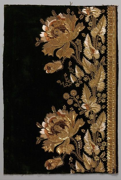 Embroidery sample for a man’s suit This artwork is part of Elaborate Embroidery: Fabrics for Menswear before 1815  http://www.metmuseum.org Gold Work Embroidery, Zardozi Embroidery, Gotta Work, Crazy Quilting, Couture Embroidery, Bead Embroidery Patterns, Pola Sulam, Hand Work Embroidery, Embroidery Motifs