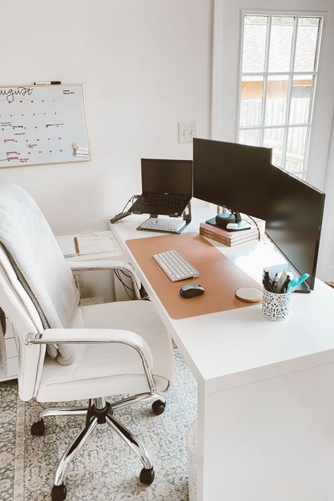 Home Office Setup For Small Spaces, Home Office Inspiration Multiple Monitors, Varidesk Decor, 40 Inch Desk Setup, All White Office Decor, L Shaped Desk Setup Work Spaces, Three Monitor Desk Setup Home Office, What Rooms Do You Need In A House, Dual Screen Desk Setup With Laptop