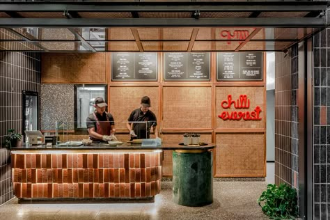 Brick Restaurant, Butcher Store, Red Brick Tiles, Brick Cafe, Marble Benchtop, Brick Face, Brick Tile, Cafe Ideas, Brick Tiles