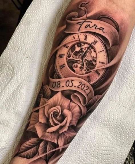 Forearm Half Sleeve Tattoos, Forearm Tattoo Men Sleeve, Tattoo Men Sleeve, Tattoo Bicep, Clock Tattoo Sleeve, Clock And Rose Tattoo, Leg Sleeve Tattoos, Family Tattoos For Men, Tattoo Ideas Males