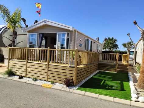 Brand New Swift Atlantique Mobile Home For Sale On Camping Almafra Campsite In Benidorm, Costa Blanca, Spain. £54,950 Caravan Decking, Double Patio Doors, New Swift, New Mobile Homes, Caravans For Sale, Wrap Around Deck, Mobile Homes For Sale, Upvc Windows, Hot Water System