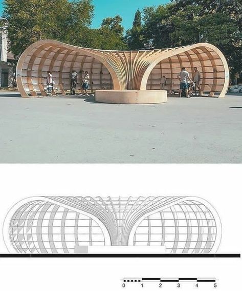 Parametric Design Helped Make this Street Library out of 240 Pieces of Wood Architect Parking Plan, Street Library, Pavilion Architecture, Bamboo Architecture, Urban Landscape Design, Pavilion Design, Architecture Concept Diagram, Parametric Architecture, Architecture Design Sketch