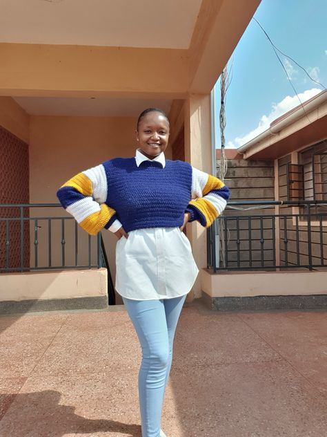 Navy blue crochet crop sweater with a touch of white and yellow striped balloon sleeves. Can be worn by its own or pair with a matching collared blouse or shirt Crochet Crop Sweater, Navy Blue Crochet, Handmade Sweater, Collared Blouse, Blue Crochet, Crochet Crop, Crop Sweater, Crochet Handmade, Love Crochet