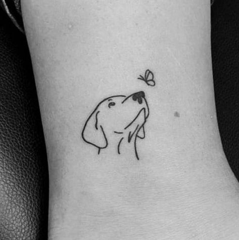 Dog Tattoo With Butterfly, Dog Tattoos Labrador, Simple Rottweiler Tattoo, Line Tattoo Of Dog, Dog Face Tattoo Simple, Dog With Butterfly Tattoo, Lab Dog Tattoo Ideas, Butterfly And Dog Tattoo, Line Drawing Dog Tattoo