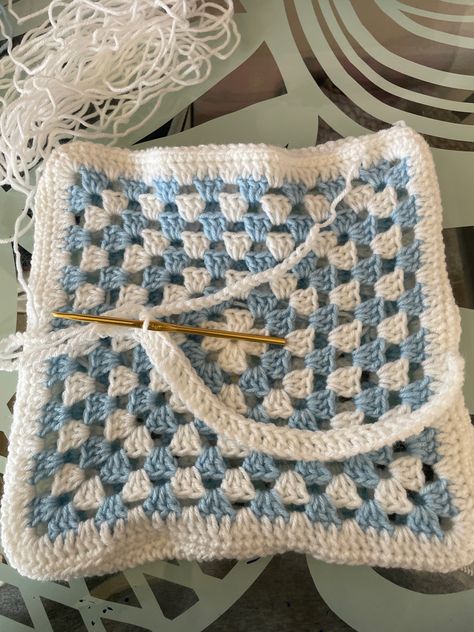 Blue And White Crochet Bag, Blue And White Granny Square, Blue Granny Square Shoulder Bag For Daily Use, White And Blue Granny Squares, Blue Granny Square Rectangular Shoulder Bag, Granny Square Blanket Blue, Granny Square Bag, Crochet Pillow, White Crochet